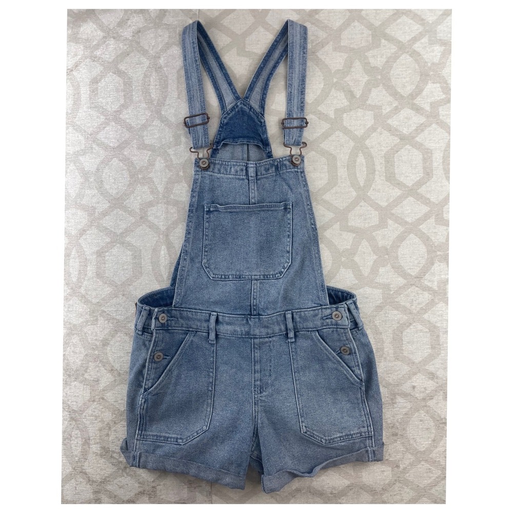 Hollister Boyfriend Short Overalls Blue Denim Floral Rose Embroidered Small S‎